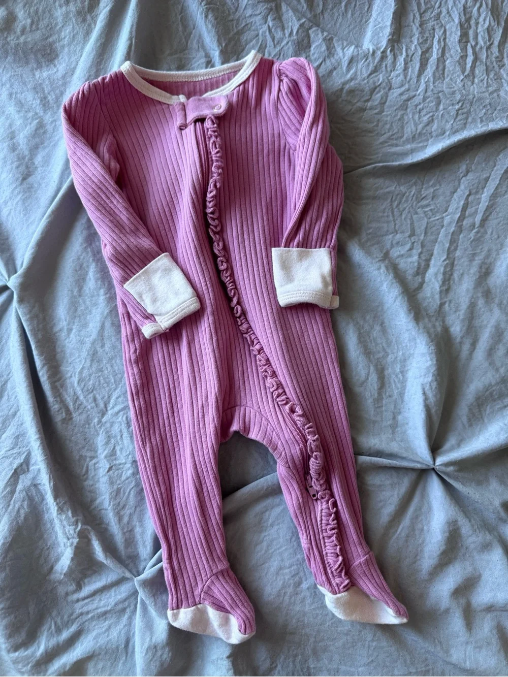 cloud island Pink Ribbed Footed One-Piece with White Trim and Ruffle Zip